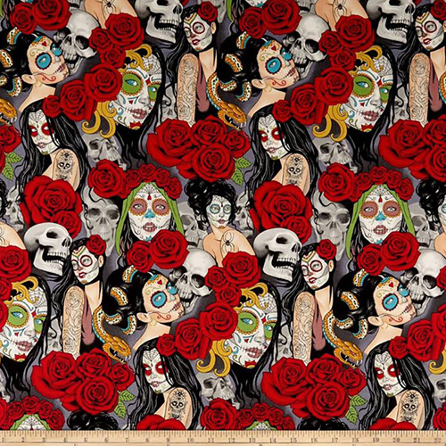 Nocturna Day of the Dead Pin Up Fabric