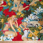 Pin Up Retro Aloha Girls Green Fabric
