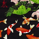 Koi With Lotus And Waves Black Fabric
