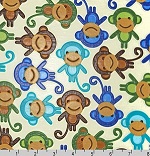 Laminated Cotton Monkeys White Fabric 