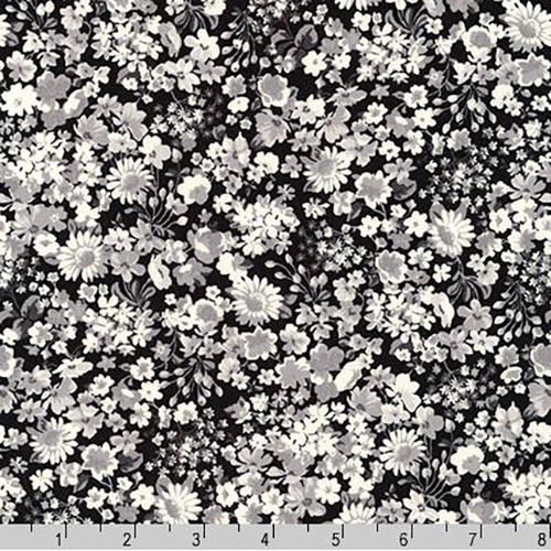 London Calling Gray White Flowers Black Lawn Fabric