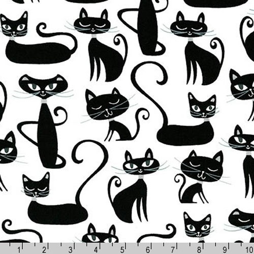Whiskers and Tails Retro 60s Cat Black Fabric