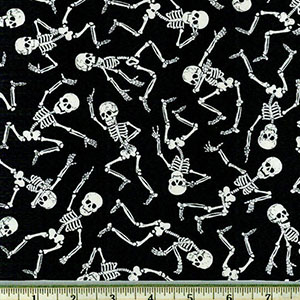 Glow in the Dark Dancing Skeletons Fabric Black