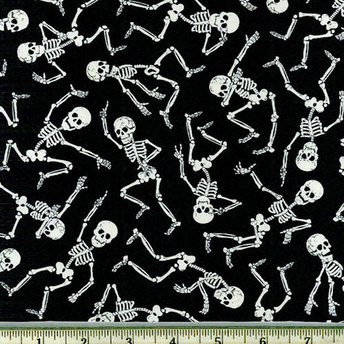 Glow in the Dark Dancing Skeletons Fabric Black