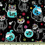 Cat Skeletons and Fishbowls Sugar Skulls Fabric