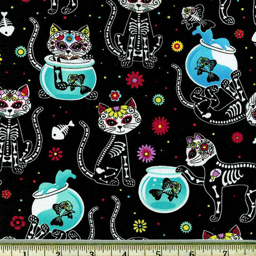 Cat Skeletons and Fishbowls Sugar Skulls Fabric