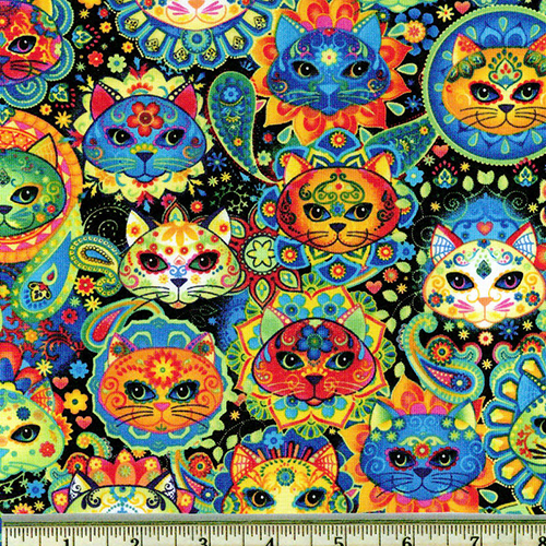 Bright Cat Sugar Skulls Fabric
