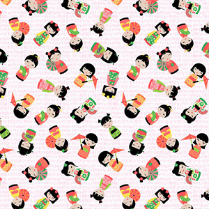 Cute Tossed Kokeshi Dolls Fabric